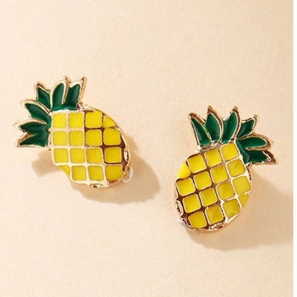 Pineapple Stud Earrings  Yellow Green Enamel on Goldtone NEW! 1134S4 - Picture 1 of 5